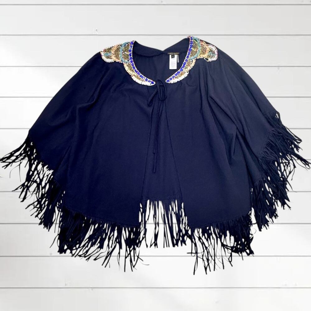 Alberto Makali Beaded Fringe Poncho Cape Jacket Top Blue Bohemian Size Large